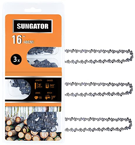 SUNGATOR 3-Pack 16 Inch Chainsaw Chain SG-R55, Compatible with Stihl MS170 MS171 MS180c Chain and more, 3/8 LP Pitch - .043 Gauge - 55 Drive Links, 61PMM355, 90PX055, Compatible with Stihl
