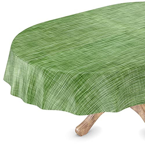 Tischdecke abwaschbar Wachstuch Wachstuchtischdecke Oval 140 x 240cm Schnittkante Leinen Textil Optik Grün Gartentischdecke Wachstuch