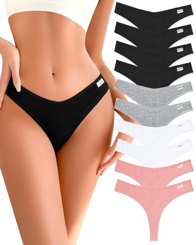 FINETOO 6/10 Pack Thongs for Women Cotton Underwear V String Breathable Stretch Hipster Sexy Thong Panties S-XL, Thongs 10pack C, L