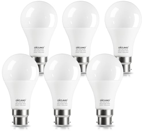 DiCUNO LED B22-lampa, 15W halogen motsvarande bajonettlampa 100W, Kallvit 5000K, 1350LM, CRI 90, Ej dimbar, Standard LED B22 bajonettlampa för hushållsbelysning, 6 st