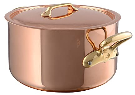 Mauviel M'Heritage 200 B 2mm Polished Copper & Stainless Steel Stewpan With Lid, And Brass Handles, 6.1-qt, Made in France