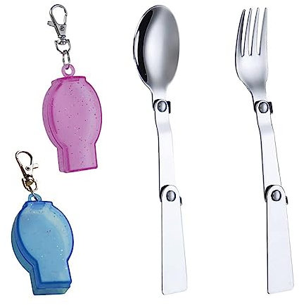 Kit Cubiertos 2 Tenedores Plegables de Acero Inoxidable con 2 Estuches, Tenedores Plegables Multifuncionales, Cuchara y Tenedor para Acampar al Aire Libre y Senderismo