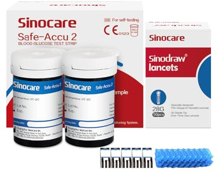 Sinocare Safe-Accu2 Strisce per glicemia, Contiene 50 Strisce e 50 Lancette, Solo per il Glucometro Safe-Accu2