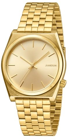 JIANDUN Fashion Business Mens Black Watches Simple Waterproof Stainless Steel Strap (Gold-Gold dial)