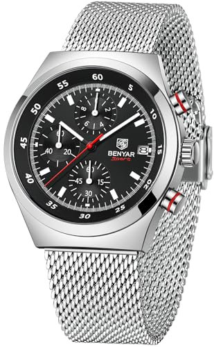 BENYAR Herrenuhr Military Time Code Uhr Mesh-Armband Analoges Quarzwerk Business Datum wasserdichte Uhr Herrengeschenk BY-5200M(Silber schwarz)