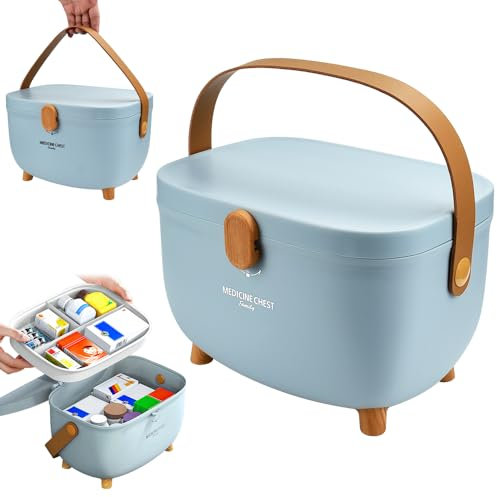 LPAMABA Medizinbox Doppellagig,Hausapotheke,Medicine Box Medizin Medizinboxen Apothekenbox Kunststoff Medikamentenbox Aufbewahrung mit Griff und Fächer für Zu Hause Große Kapazität(Blau)