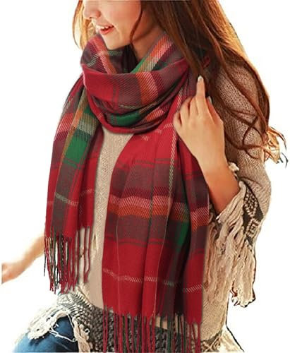 Tuopuda Damen Schal Kariert Pashmina XXL Stolen übergroßer Herbstschal Winterschal Karo Tartan Schultertuch Plaid Deckenschal Modeschal Weicher Warmer Oversized Fransen, Rot + Grün, Einheitsgröße