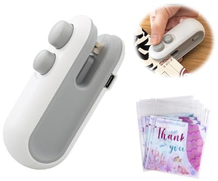 Hitopin 1 Pieza 2 en 1 Mini Sellador de Bolsas, 2 en 1 Bag Sealer con Cortador, Mini Selladora de Láminas, Mini Sellador de Láminas, Recargable por USB,Frigorífico Adsorbible(Blanco)