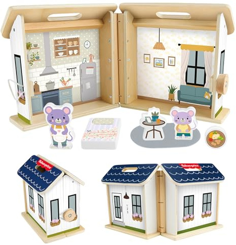 Fisher-Price Holzspielzeug Puppenhaus, 6-teiliges Holzhaus-Spielset für Reisen, Vorschule, Kinder ab 3 Jahren