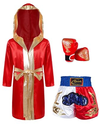 Alvivi Kinder Jungen Boxing Kleidung Trainingsanzug Kickboxer Mantel + MMA Boxing Shorts + Boxhandschuhe Kickboxing Muay Thai Kleidung Set Weinrot&Blau 146-152