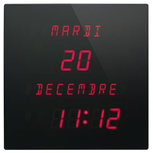 Stab High Tech Parts Horloge Calendrier Murale à LED Rouges CT2828R 28x28x3.2cm Noir – Affichage Jours/Mois en Toutes Lettres - Français, Anglais, Espagnol