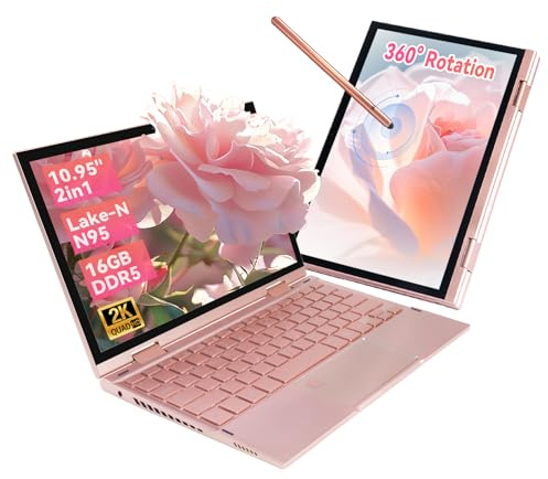 AEEVD 10.95 Touchscreen Laptop, Celeron N95, 16GB DDR5, 2000×1200 Display, 360° Convertible, Fingerprint & Backlit Keyboard, 2x Type-C, 1.1kg, (Rose Gold, 16+256G)