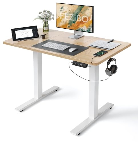 FEZIBO Bureau Assis Debout avec Ports de Charge USB-C&USB-A 120×60 cm | Bureau Électrique Réglable en Hauteur 72-118cm, Charge 80kg, 3 Mémoires, Anti-Collision, Standing Desk, Chêne