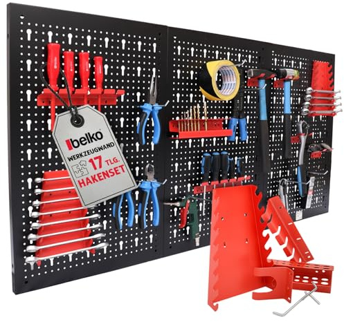 Belko® Mur à outils rouge 120 x 60 cm avec lot de 17 crochets et étagères | Panneau perforé en métal avec porte-outils | Système d'emboîtement Pegboard pour atelier, garage et cave | Organiseur