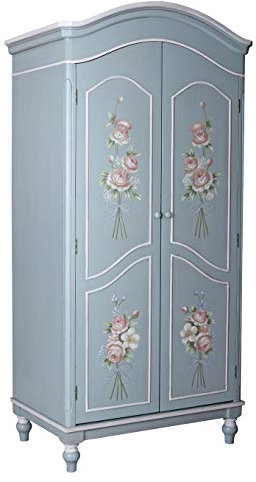 Vintage Bauernschrank „Wilde Rose“ – Mediterraner Landhaus-Kleiderschrank aus Holz & MDF mit handbemalten Rosen, inkl. Kleiderstange, H 192 × B 86 × T 56 cm, Unikat im Shabby-Chic Stil frf058