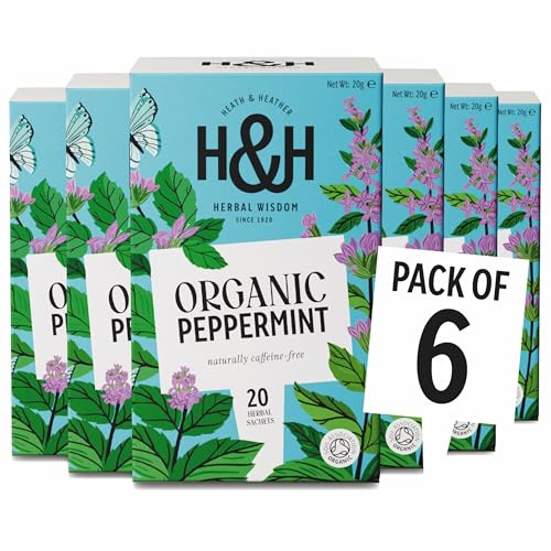 Heath & Heather - Organic Peppermint Tea • Crisp Herbal Infusion for Digestive Comfort • Naturally Caffeine-Free • Vegan • Invigorating Mint Wellness • Multipack 6 x 20 Boxes (120 Tea Bags)