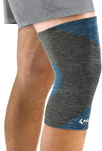 MUELLER Sports Medicine FIR 4-Way Stretch Knee Support, Knee Pain Relief Support for Men and Women, Ideal for Arthritis, Sprains, Gray/Blue, Small/Medium