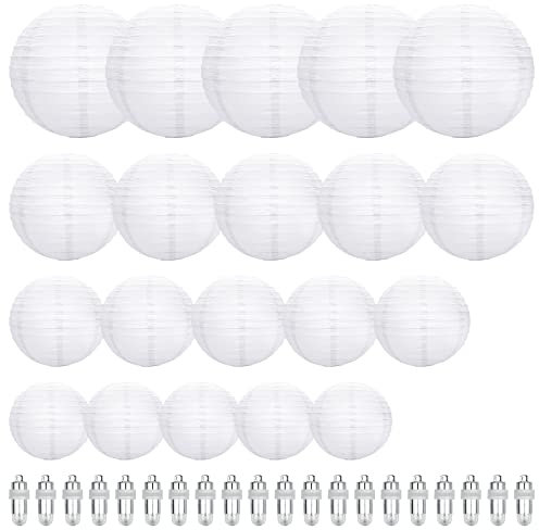 20 Stücke Weiß Lampions Papierlaterne mit 20er Weiße Mini LED-Ballons Lichter Rund Lampenschirm Lampion für Hochtzeit Dekoration Papierlaterne Geburtstag Weihnachten Papierlampen Party