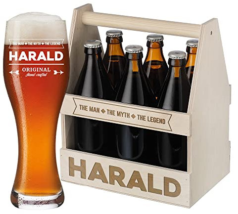 Bierträger aus Holz + Bierglas mit Wunschgravur - Motiv The Legend - Flaschenhalter personalisiert Weizenbierglas 500 ml - Pils, Weißbier - Geburtstag, Vatertag