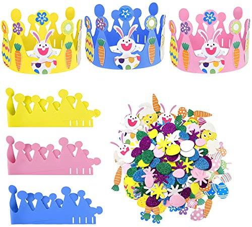 Jc.upin Lot de 3 couronnes de Pâques pour enfants, 220 autocollants, autocollants en mousse pailletée, scrapbooking, cartes cadeaux de Pâques, sacs de fête pour enfants, garçons, filles