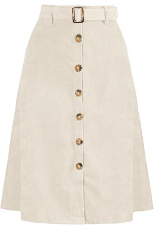 Allegra K Jupe mi-longue pour femme de Noël, taille haute, coupe A, boutonnée, ceinturée, en velours côtelé, crème, M