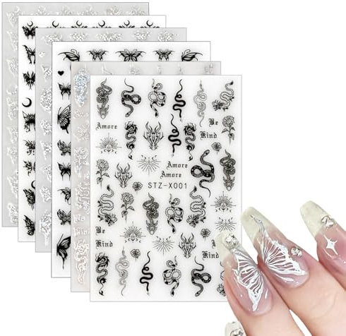 6 Hojas Pegatinas Uñas Adhesivas, Estrella Luna Nail Art Stickers, Láser Mariposa Calcomanías Uñas Autoadhesivo, Negro Serpiente Decoración Diseño Arte Uñas Accesorios para Mujeres Niñas