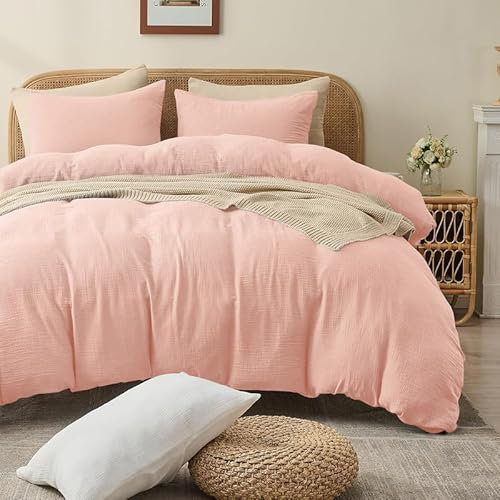 Gezu Muslin, biancheria da letto 200 x 220 cm, rosa, 100% cotone, set di biancheria da letto in lino, copripiumino con 2 federe da 80 x 80 cm, molto traspirante, confortevole, letto matrimoniale con