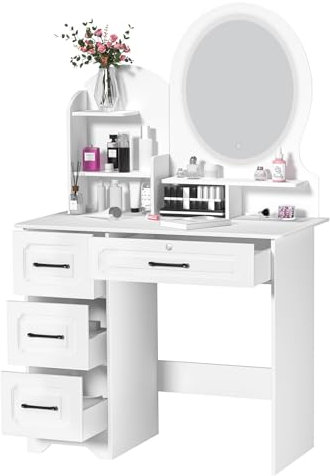 Smbcgdm Schminktische Schminktisch mit Spiegel, großer weißer Schminktisch mit Spiegel und Lichtern, Schminktisch mit Ablageflächen, 4 Schubladen, Schminktisch, Schlafzimmer-Schminktisch Weiß