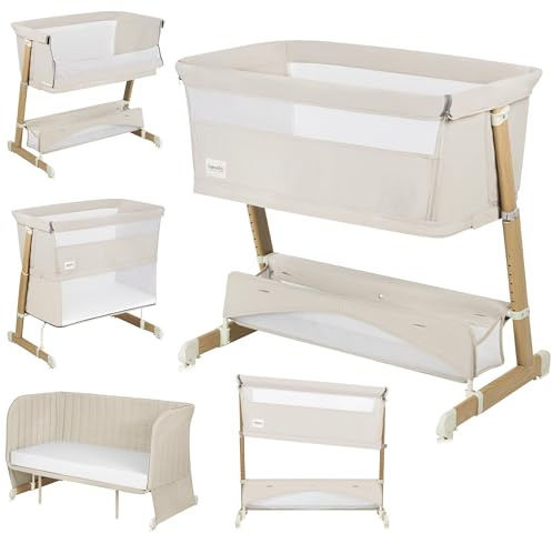 Lionelo THOMI Plus 5 w 1 Beistellbett, Kinderbett bis 9kg, Zustellbett, Reisebett, Laufstall bis 15kg, Sofa bis 100kg, höhenverstellbar, mit 2 Rollen und absenkbarer Seite Zustellbett