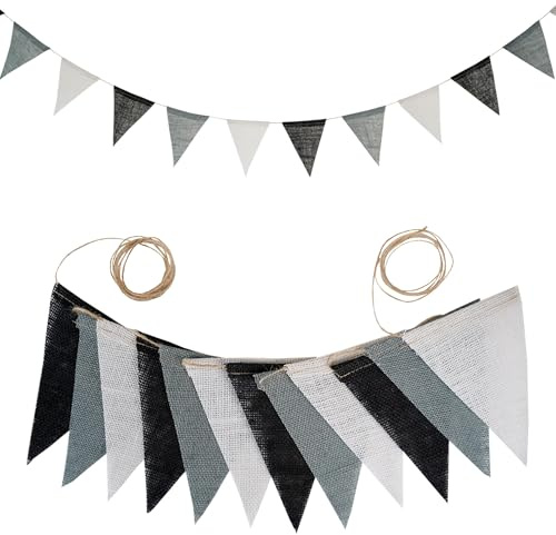 Wimpelkette Leinen Wimpelkette,3,6M Wimpel Girlande 12 Stück Wimpeln,Wimpelkette Outdoor,Dekorative Hängefahne für Hochzeit Geburtstag Karneval Party Festival Fotohintergrund,Schwarz Grau Weiß