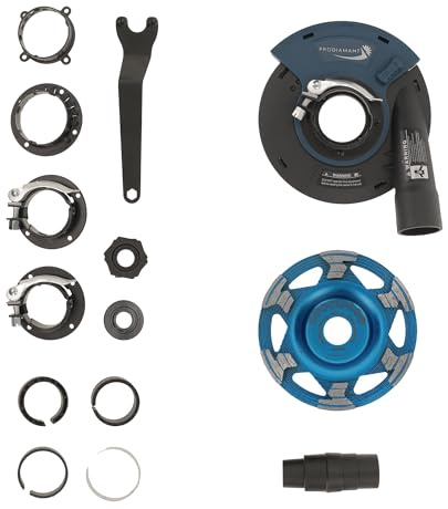 PRODIAMANT Capot d'aspiration et kit de meule diamantée 125 mm – Meuleuse d'angle et meuleuse à béton Conversion avec adaptateur pour prise du fabricant, couronne de brosse à ressort avec plateau de