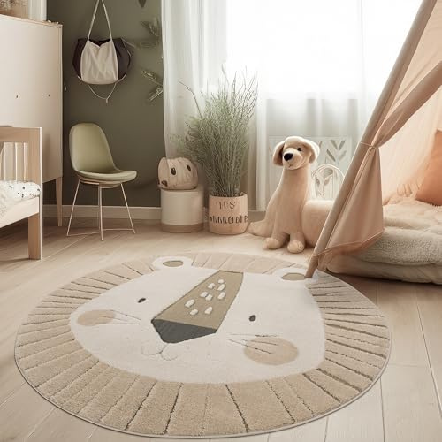 Paco Home Alfombra para habitación Infantil Efecto 3D Alfombra Resistente Tonos Naturales, tamaño:120 cm (Redondo), Color:Cream (león)