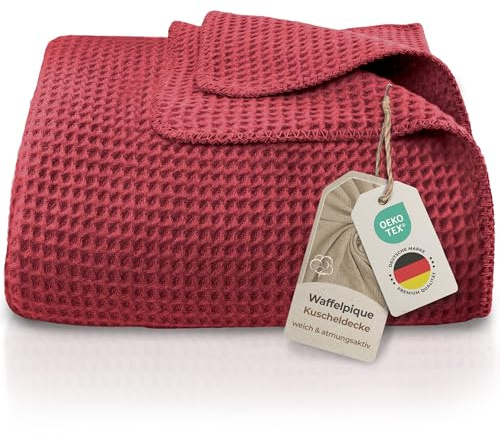 LAYNENBURG Premium våffelpiké, bomullstäcke, 220 x 240 cm – Oeko-TEX 100 – bomullsblandning, gosig filt, filt som filt, sofffilt och sofffilt – ullfilt, gosig varm av bomull (Bordeaux)