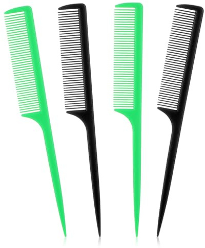 Mabor 4Pcs Rat Tail Combs for Women - Anti-Static Carbon Fiber Parting & Styling Tail Combs for Braids, Updos (Black, Green)