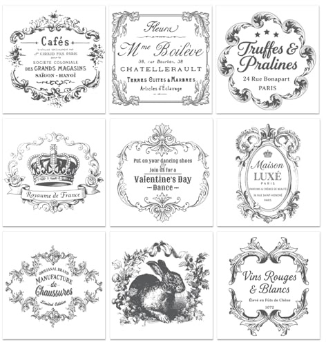 PLIGREAT 3 Sheets Vintage Labels Pattern Rub on Transfer Stickers for Crafts Waterproof UV DTF Art Retro French Style Rub on Decals for Furniture Cabinet Dressers Ceramic Scrapbook Transfer Paper