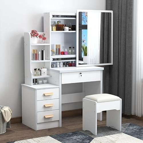 joukares Bedroom Dressing Table with Lighted Mirror, White Makeup Desk with 4 Drawer Storage & 3 Color LED Mirror, Spacious Plate Vanity Table, Hidden Shelf Cosmetic Organizer for Women (White)