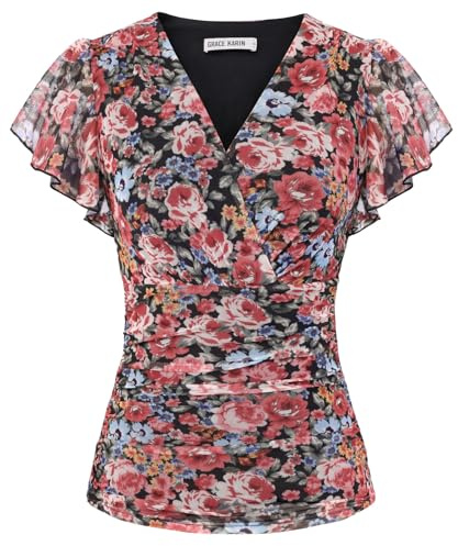 GRACE KARIN Sommarblusar för damer, kort volangärm, omlottad rynkad blommig vardaglig topp smal passform, retro, boho-toppar, tunika blus, Svart-ros blommig, L