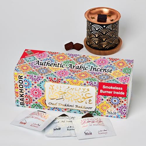 Oud Bakhoor Variety Box & Burner by Dukhni | Islamic, Eid & Ramadan Gifts | Arabian Oudh Incense Set with Candle Incense burner| 20 pcs arabic bukhour incense bricks, 10 mixed scents | Home fragrance