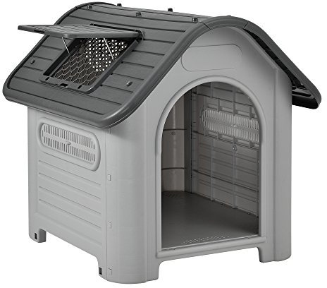 [en.casa] Hundehütte Outdoor Bello Hundehöhle wetterfest Hundehaus mit Dachluke und Lüftungsschlitzen 87 x 72 x 75 cm Kleintierhaus erhöhter Boden Kunststoff Weiß/Grau