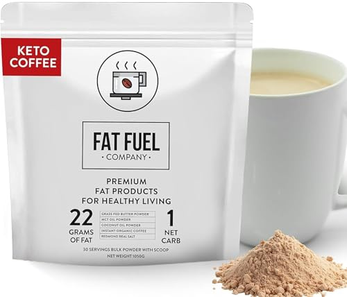 FAT FUEL Keto Coffee 22g Premium Fats - With Grass Fed Butter, MCT Oil, Coconut & Redmond Real Salt - Instant Organic Coffee, One Net Carb, A True Meal Replacement - 30 Bulk Powder Servings