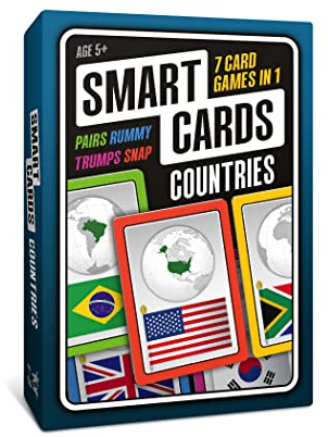 SMART CARDS Countries, Gift, Stocking Filler, Travel Game, 7 games in 1, Pairs, Snap, Trumps, Rummy, Memory Quiz, Learn Facts, Age 5+, 1-8 Players