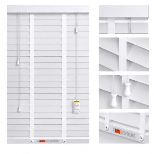 Funky Gadgets Faux Wood Blinds Window Venetian Blinds with Strings and THE OTHER with TAPE Window Blinds Smooth 50mm Slats TRIMMABLE Easy Fit Home Office (White With Tape, 150cm width x 150cm drop)