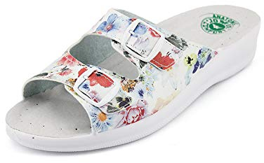 JOMIX Zapatillas Casa Mujer Ortopédicas Chanclas Mujer Verano con Hebilla Pantuflas Anatómicas con Puntera Abierta Fabricadas en Italia, Estampado, 40 EU