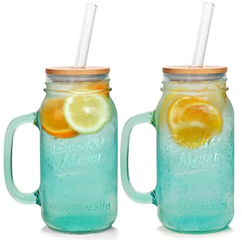 ANOTION Juego de 2 tarros Mason con asa, vasos de vidrio de colores con tapas y popotes, vasos de colores, juego de 2 tarros de café helado, vasos para batidos, botellas de agua