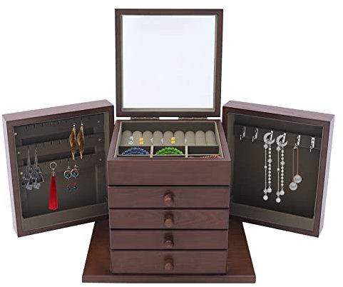 wanwanper Portagioie in Legno, a 5 Livelli, Grande, Vintage, con Specchio, Contenitore per Orologi, Forcine, Orecchini, Anelli, Bracciali e Collane, Marrone, 30 x 20 x 25 cm