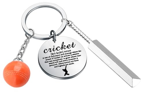 BEKECH Cricket Charm Keychain Cricket Lover Gift Cricket Sport Jewelry Cricket Gift for Cricket Players (silver)