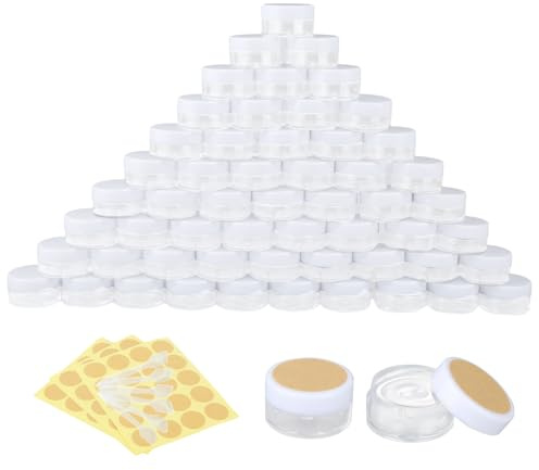 RVLZKCPG 60 Stück Döschen, 5ml Cremedosen zum Befüllen, Transparent Tiegel, Leer Cremedosen mit Schraubverschluss, Kleine Dosen mit Deckel Plastik mit Spateln Aufklebern für Cremes Lotion Lippenbalsam