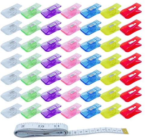 ONEBO 49 Stück Nähklammern Kunststoff,Stoffklammern,Multifunktionale Nähklammern,für Quilting,Halten Stofflagen Fest Zusammen(7 Farben)