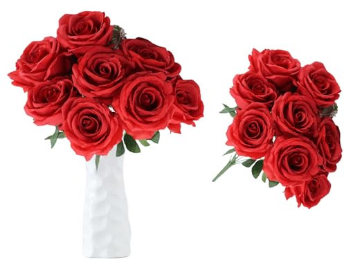 astylishome Fake Flowers Red Roses Faux Rose Decorative Artificial Flower with Stem for Wedding Bridal Bouquet Party Garden Floral Decor Floral Arrangement 1202
