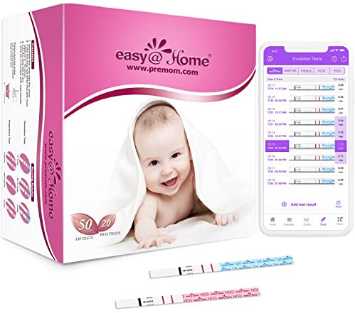 50 Pruebas de Ovulación Ultrasensibles 25mlU/mL y 20 Pruebas de Embarazo de Alta Sensibilidad 10mlU/mL: Easy@Home Monitor de Ovulación y Fertilidad Precisos desarrollado por App Premom